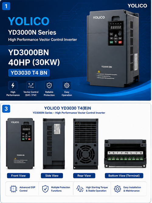 مشخصات فنی اینورتر YOLICO YD3030 T4 BN اینورتر YOLICO YD3000BN 40HP مدل YD3030 T4 BN